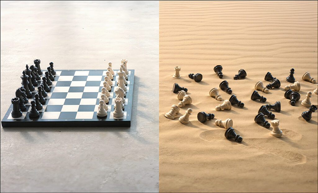 A chessboard with ordered pieces contrasted with deformed pieces in sand, illustrating how rules and foundations make reasoning possible